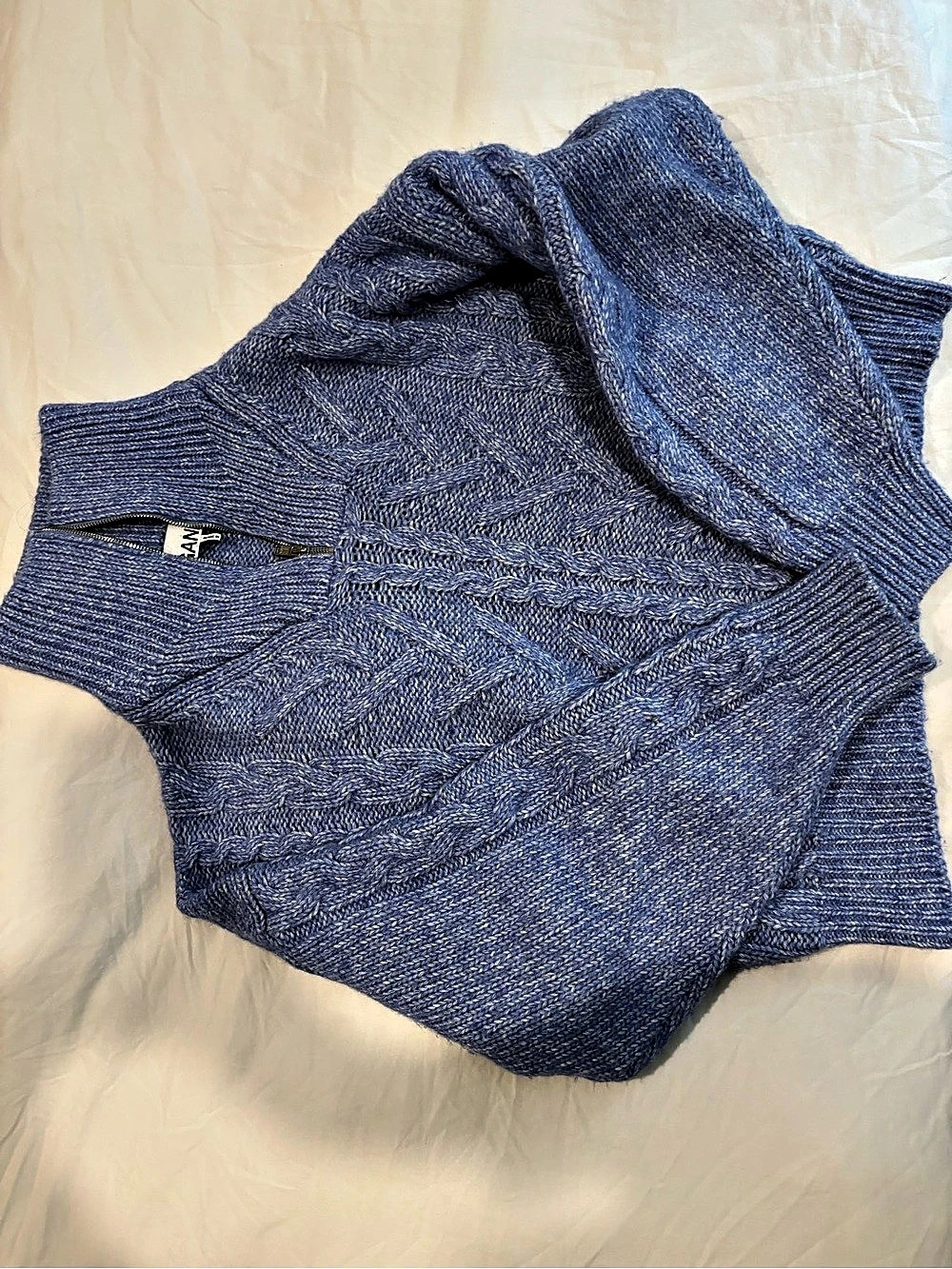 GANNI Cable-Knit Organic Cotton-Blend Quarter-Zip Sweater Blue Large